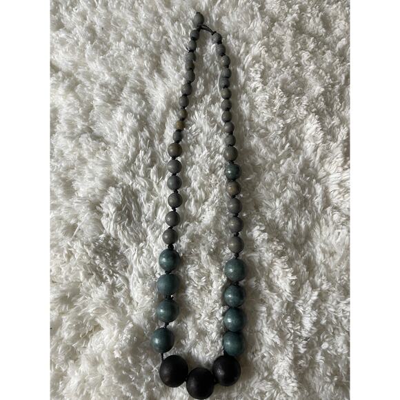 Wooden Round Black Blue Tans Beaded Necklace NEW no tags 28 inches - Picture 1 of 6
